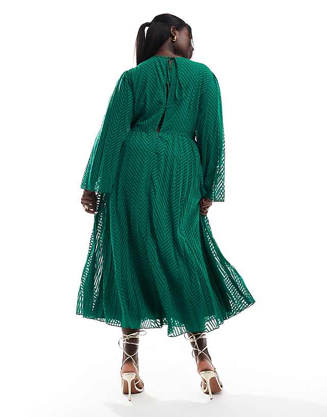 Asos ASOS DESIGN Curve Tie Back Fluted Sleeve Pleated Chevron Chiffon Midi Dress In Green