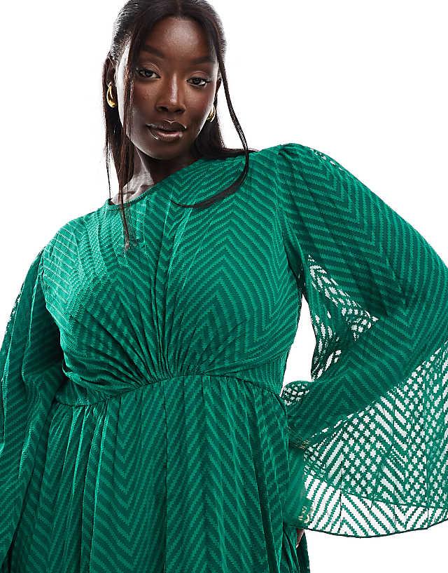 Asos ASOS DESIGN Curve Tie Back Fluted Sleeve Pleated Chevron Chiffon Midi Dress In Green