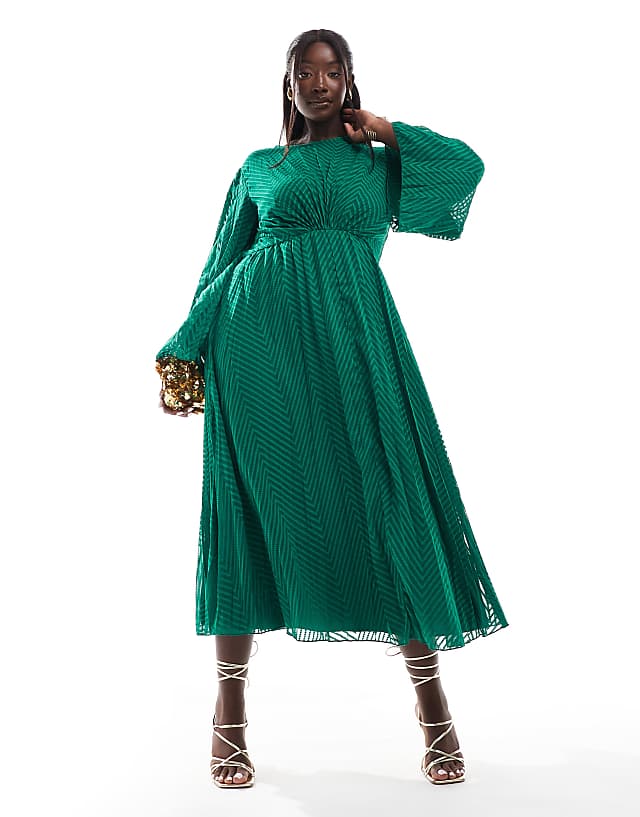 asos ASOS DESIGN Curve tie back fluted sleeve pleated chevron chiffon midi dress in green