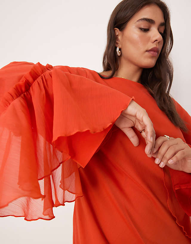 Asos ASOS DESIGN Curve Tiered Ruffle Long Sleeve Chiffon Maxi In Red