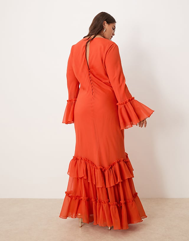 Asos ASOS DESIGN Curve Tiered Ruffle Long Sleeve Chiffon Maxi In Red
