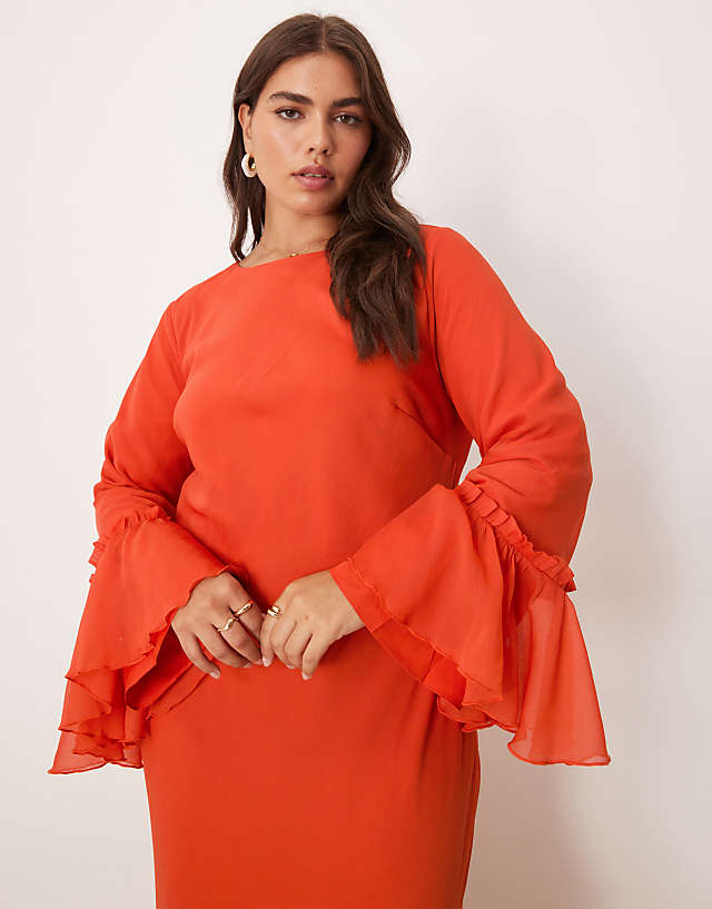 Asos ASOS DESIGN Curve Tiered Ruffle Long Sleeve Chiffon Maxi In Red
