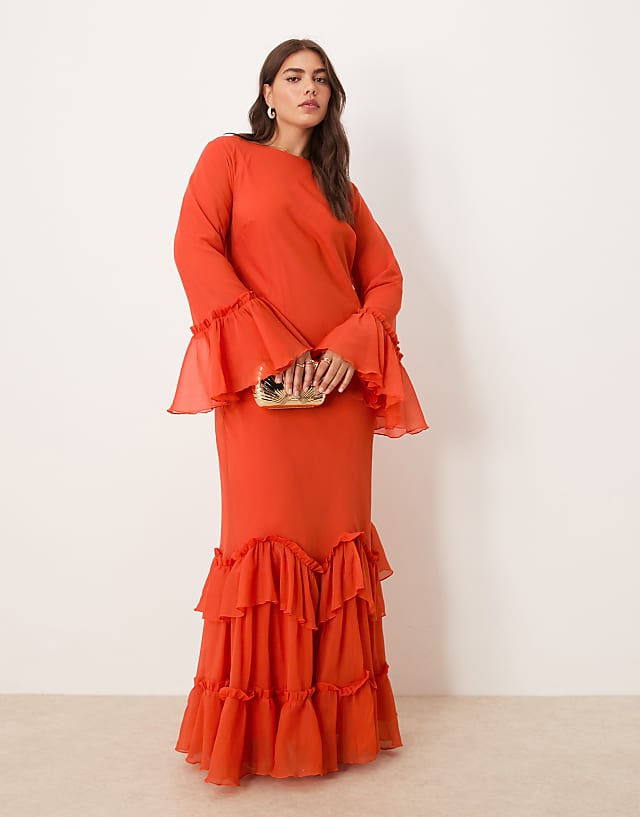 asos ASOS DESIGN Curve tiered ruffle long sleeve chiffon maxi in red