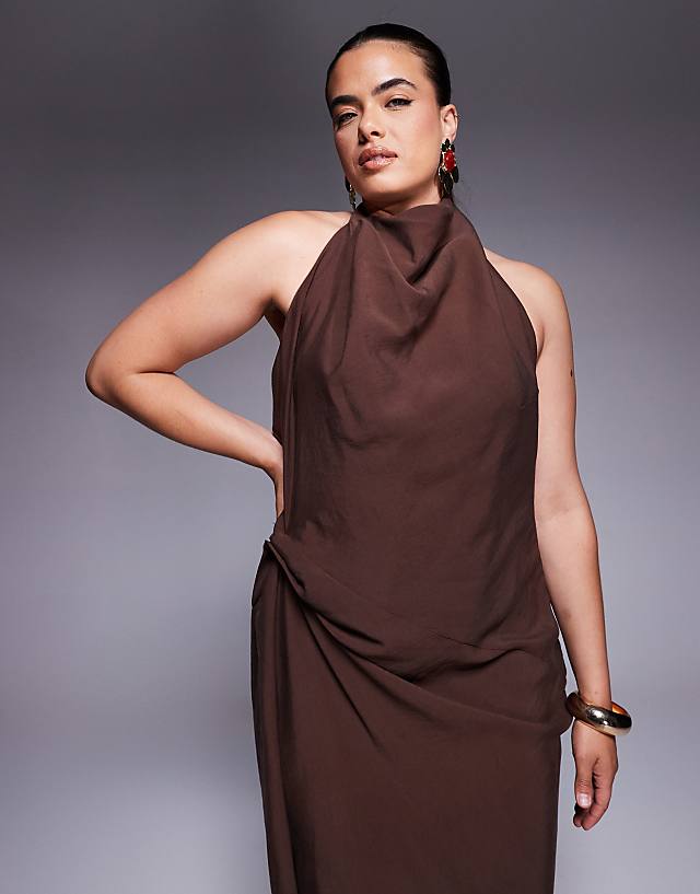 Asos ASOS DESIGN Curve Tuck Detail Halter Maxi Dress In Chocolate