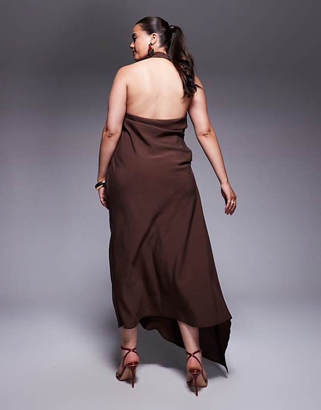 Asos ASOS DESIGN Curve Tuck Detail Halter Maxi Dress In Chocolate