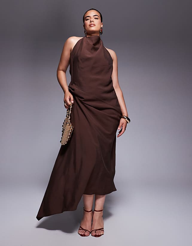 asos ASOS DESIGN Curve tuck detail halter maxi dress in chocolate