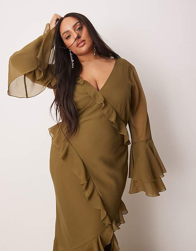Asos ASOS DESIGN Curve V Neck Long Sleeve Ruffle Maxi Dress With Cut Out Back In Green