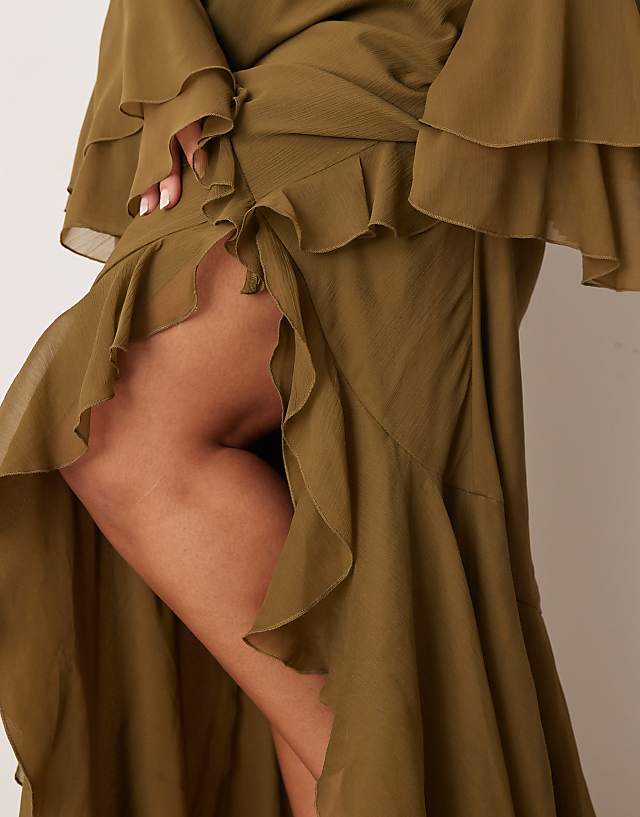 Asos ASOS DESIGN Curve V Neck Long Sleeve Ruffle Maxi Dress With Cut Out Back In Green