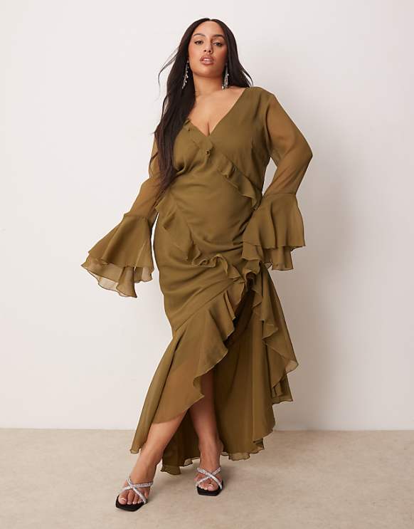 asos ASOS DESIGN Curve v neck long sleeve ruffle maxi dress with cut out back in green