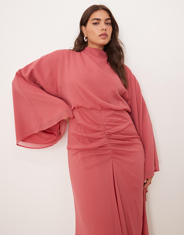 Asos ASOS DESIGN Curve Volume Sleeve Maxi Dress With Ruched Skirt In Deep Rose