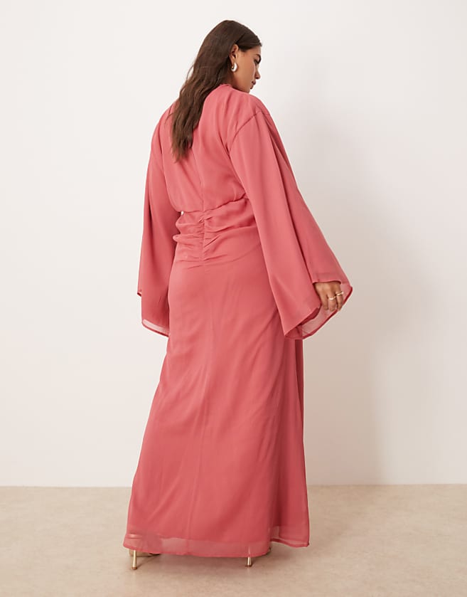 Asos ASOS DESIGN Curve Volume Sleeve Maxi Dress With Ruched Skirt In Deep Rose