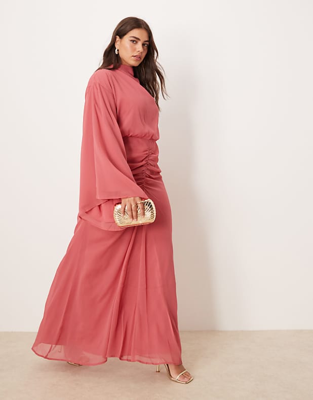 asos ASOS DESIGN Curve volume sleeve maxi dress with ruched skirt in deep rose