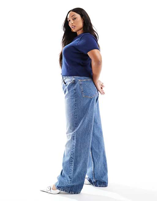 Asos ASOS DESIGN Curve Wide Leg Dad Jeans In Mid Blue