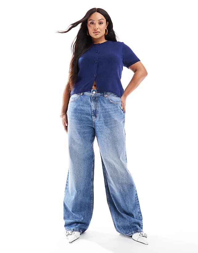 asos ASOS DESIGN Curve wide leg dad jeans in mid blue