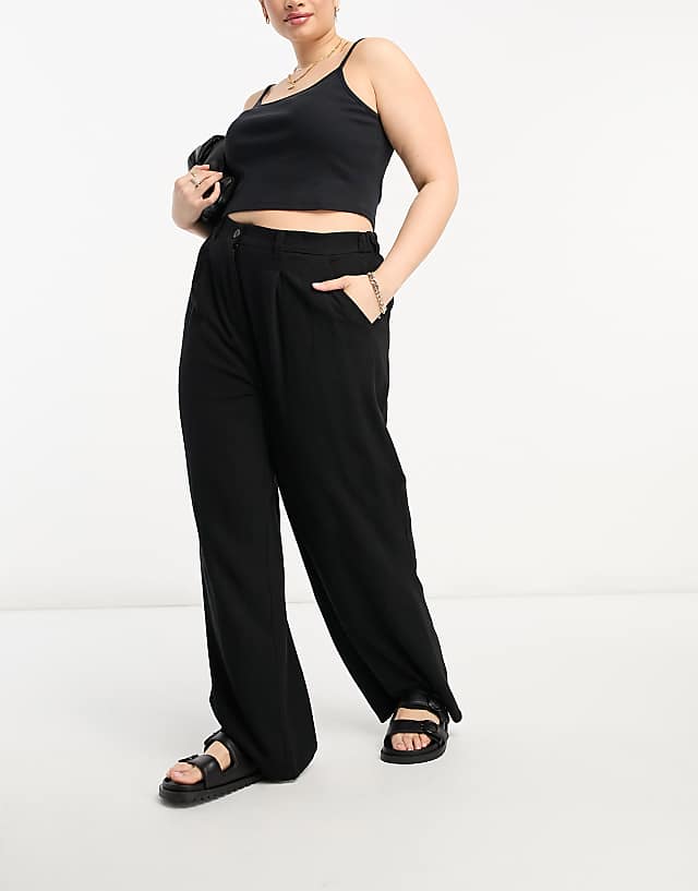 asos ASOS DESIGN Curve wide leg dad trousers with linen in black