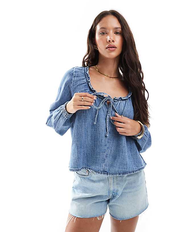 Asos ASOS DESIGN Denim Balloon Sleeve Blouse With Linen In Midwash Blue