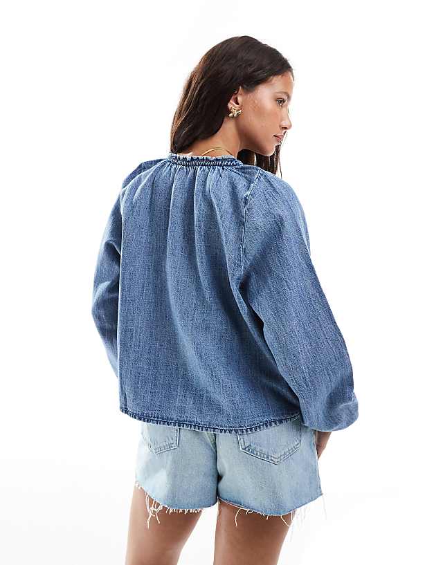Asos ASOS DESIGN Denim Balloon Sleeve Blouse With Linen In Midwash Blue