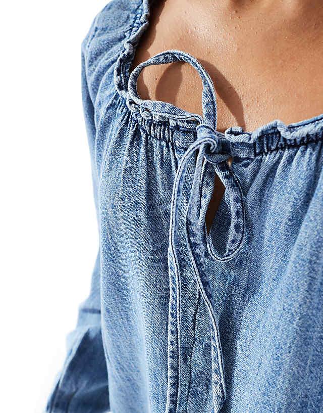Asos ASOS DESIGN Denim Balloon Sleeve Blouse With Linen In Midwash Blue