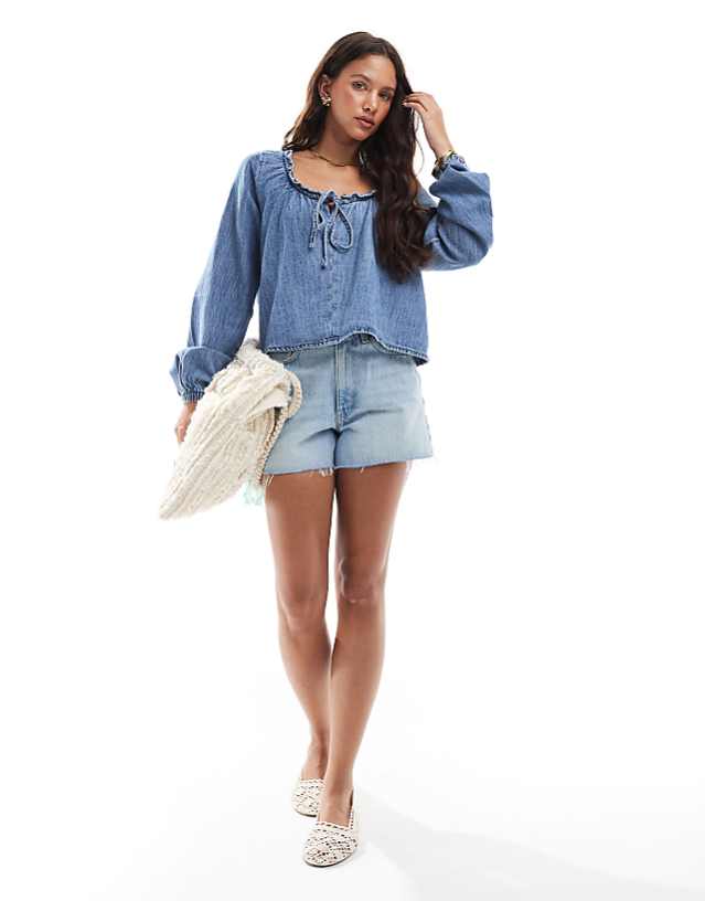 asos ASOS DESIGN denim balloon sleeve blouse with linen in midwash blue