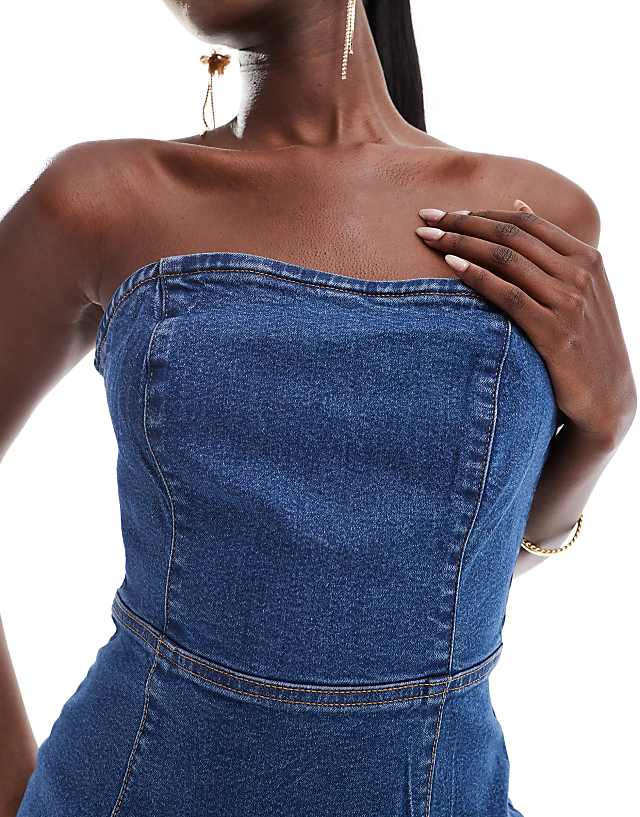 Asos ASOS DESIGN Denim Bandeau Bodycon Mini Dress In Mid Blue