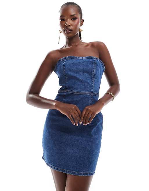 asos ASOS DESIGN denim bandeau bodycon mini dress in mid blue