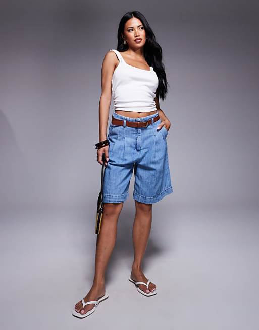 Asos ASOS DESIGN Denim Bermuda Short With Belt With Linen In Midwash Blue