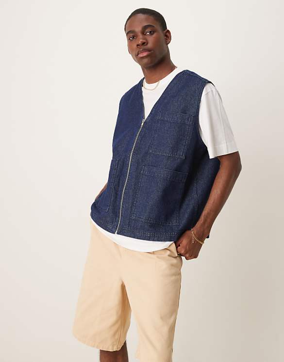 asos ASOS DESIGN Denim gilet with patch pockets in raw wash