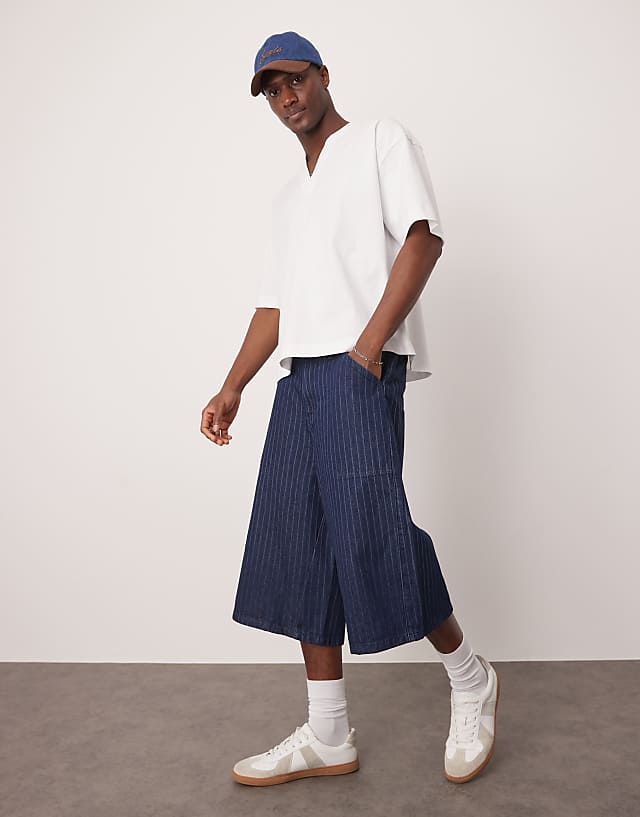asos ASOS DESIGN denim jort with stripe in rinse wash