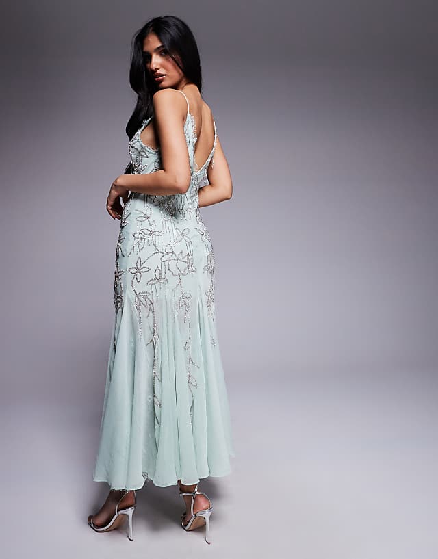 Asos ASOS DESIGN Diamante Beaded Midi Dress With Lace Trim And Godet Hem In Sage