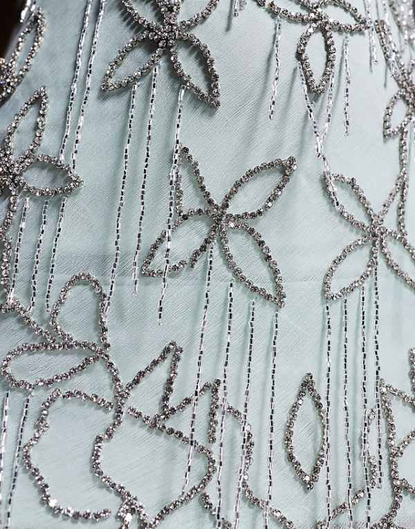 Asos ASOS DESIGN Diamante Beaded Midi Dress With Lace Trim And Godet Hem In Sage