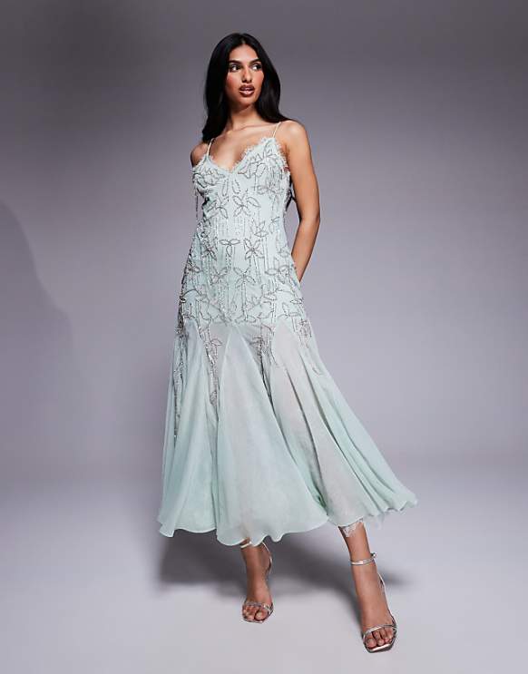 asos ASOS DESIGN diamante beaded midi dress with lace trim and godet hem in sage