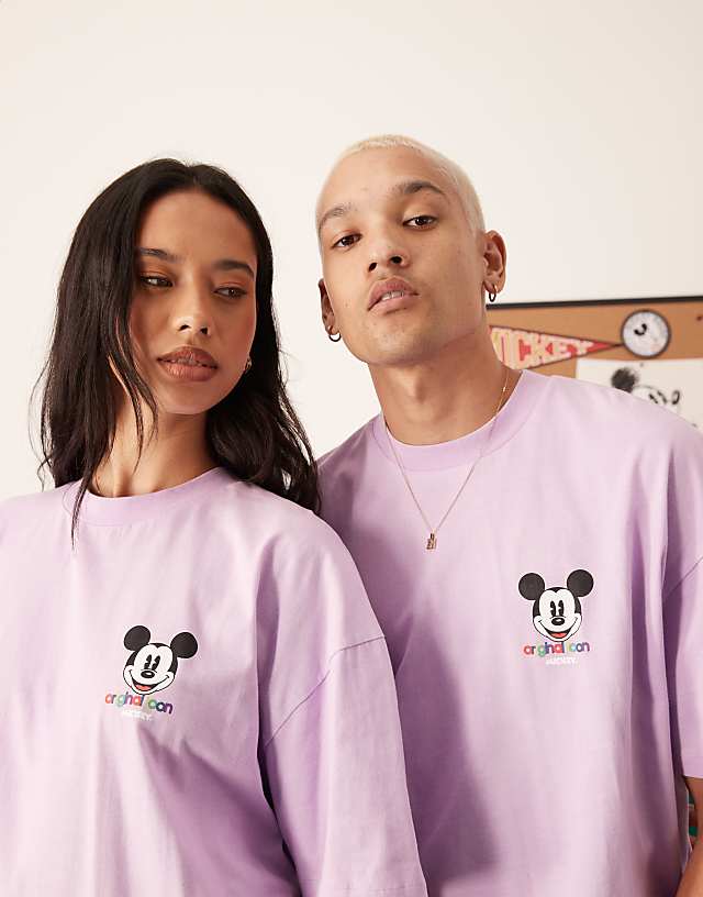 Asos ASOS DESIGN Disney Boxy Oversized T-shirt With Mickey Mouse Puff Prints In Lilac
