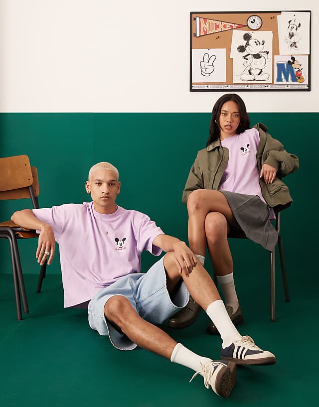 Asos ASOS DESIGN Disney Boxy Oversized T-shirt With Mickey Mouse Puff Prints In Lilac
