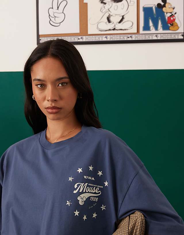 Asos ASOS DESIGN Disney Boxy Oversized T-shirt With Mickey Mouse Puff Print In Charcoal