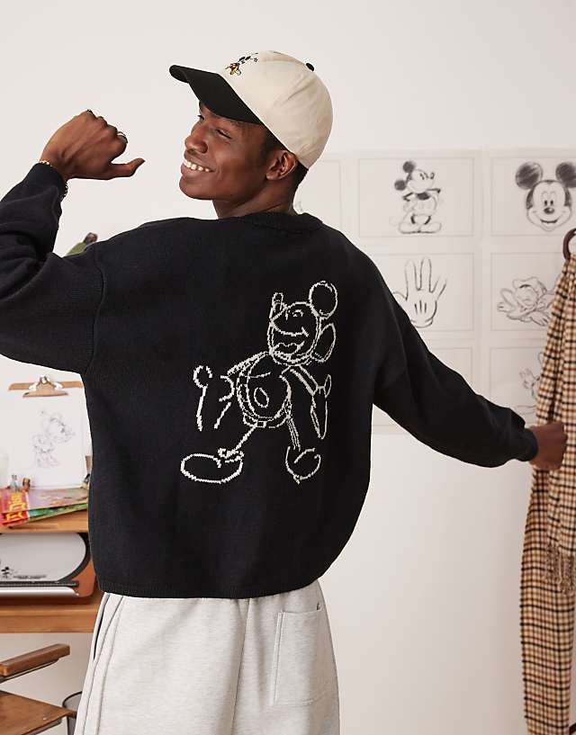 Asos ASOS DESIGN Disney Oversized Boxy Fit Knitted Crew Neck Cardigan With Mickey Mouse Embroidery In Black