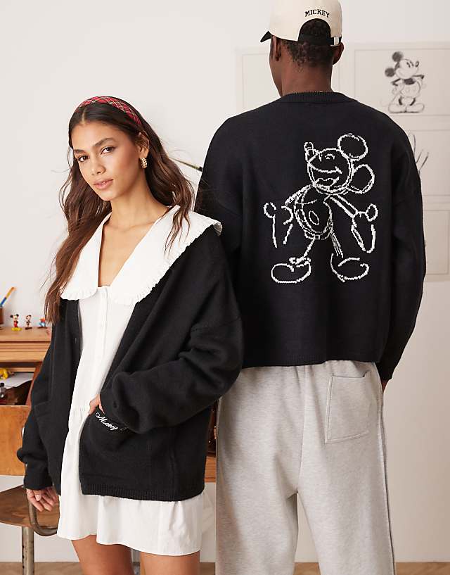 asos ASOS DESIGN Disney oversized boxy fit knitted crew neck cardigan with Mickey Mouse embroidery in black