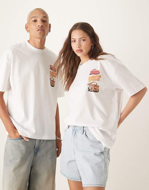 Asos ASOS DESIGN Disney Pixar Unisex Oversized T-shirt With Cars Prints In White