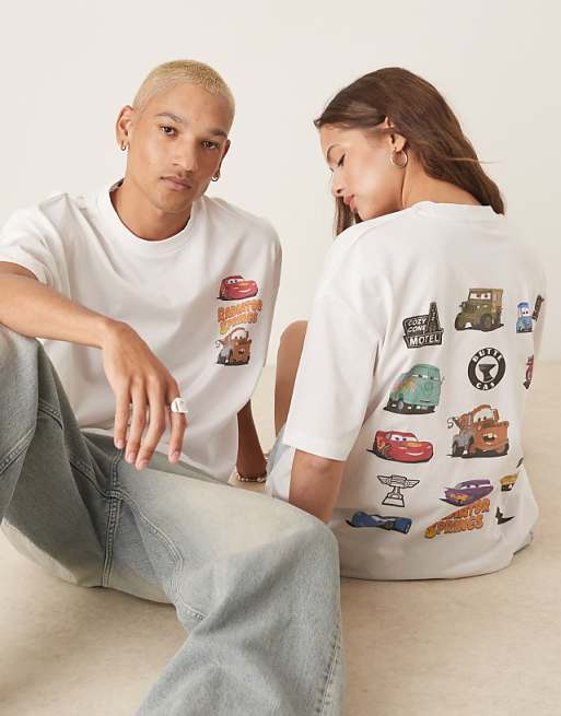 Asos ASOS DESIGN Disney Pixar Unisex Oversized T-shirt With Cars Prints In White