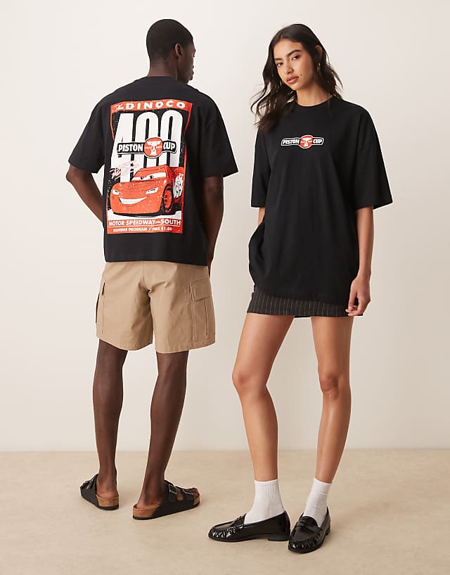 Asos ASOS DESIGN Disney Pixar Unisex Oversized T-shirt With Cars Lightning McQueen Prints In Black