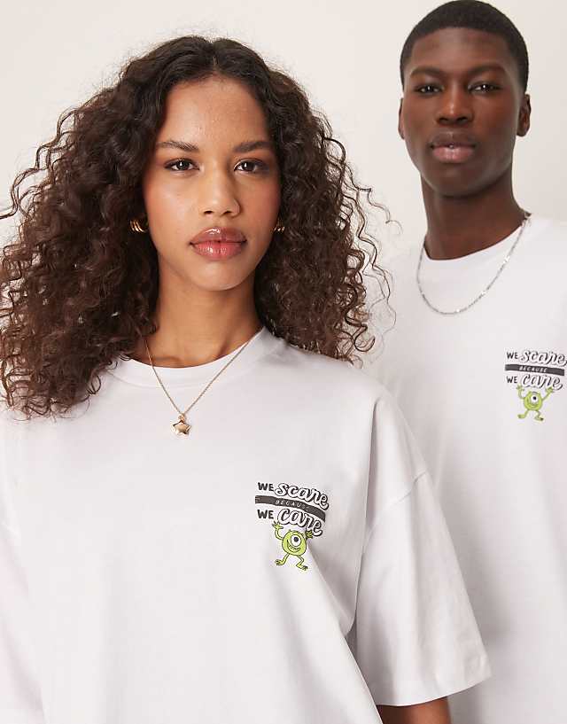 Asos ASOS DESIGN Disney Pixar Unisex Oversized T-shirt With Monsters Inc Prints In White