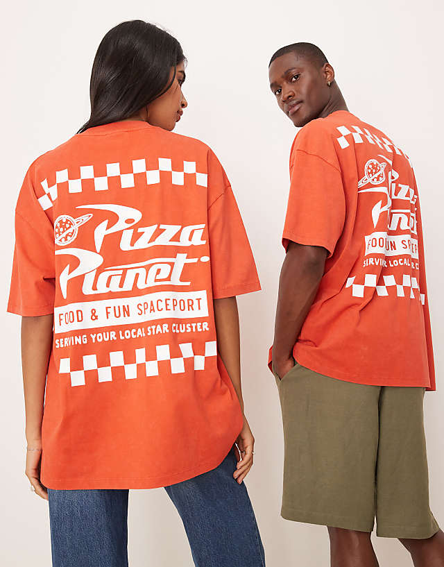 Asos ASOS DESIGN Disney Pixar Unisex Oversized T-shirt With Toy Story Pizza Planet Prints In Washed Red
