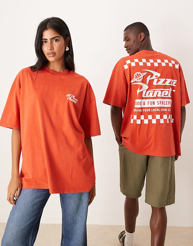 asos ASOS DESIGN Disney Pixar unisex oversized t-shirt with Toy Story Pizza Planet prints in washed red