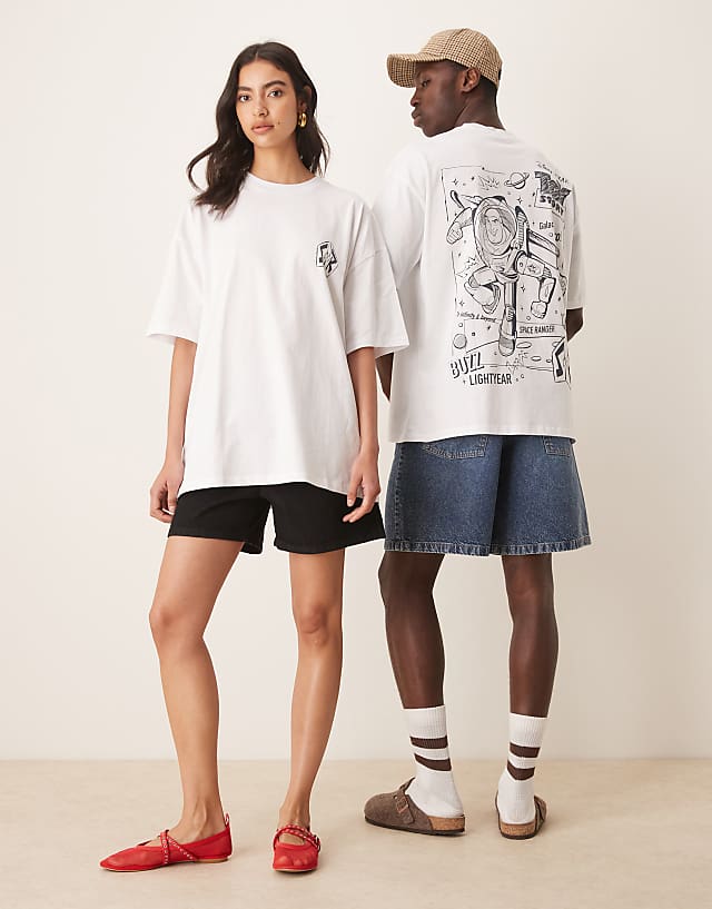 Asos ASOS DESIGN Disney Pixar Unisex Oversized T-shirt With Buzz Lightyear Prints In White