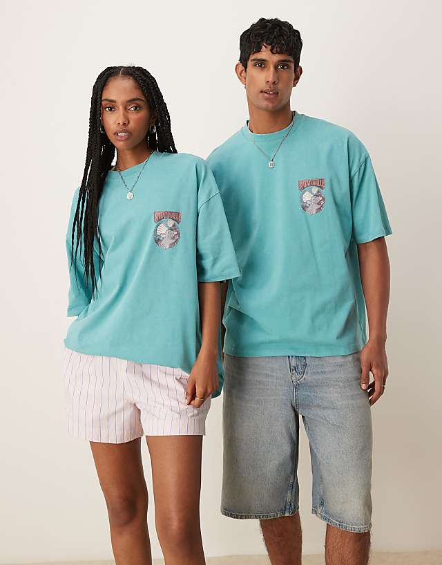 Asos ASOS DESIGN Disney Pixar Unisex Oversized T-shirt With Ratatouille Prints In Turquoise