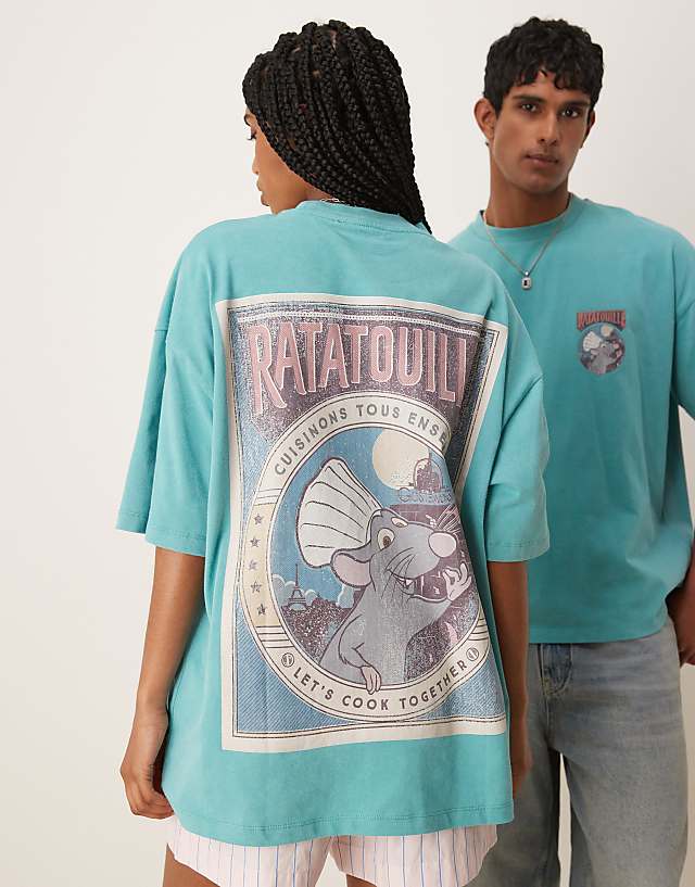 Asos ASOS DESIGN Disney Pixar Unisex Oversized T-shirt With Ratatouille Prints In Turquoise
