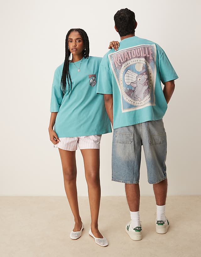 asos ASOS DESIGN Disney Pixar unisex oversized t-shirt with Ratatouille prints in turquoise