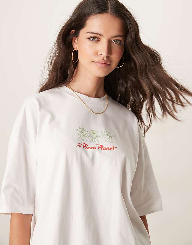 Asos ASOS DESIGN Disney Pixar Unisex Oversized T-shirt With Toy Story Pizza Planet Prints In White