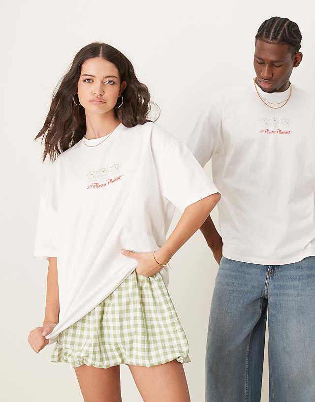 Asos ASOS DESIGN Disney Pixar Unisex Oversized T-shirt With Toy Story Pizza Planet Prints In White