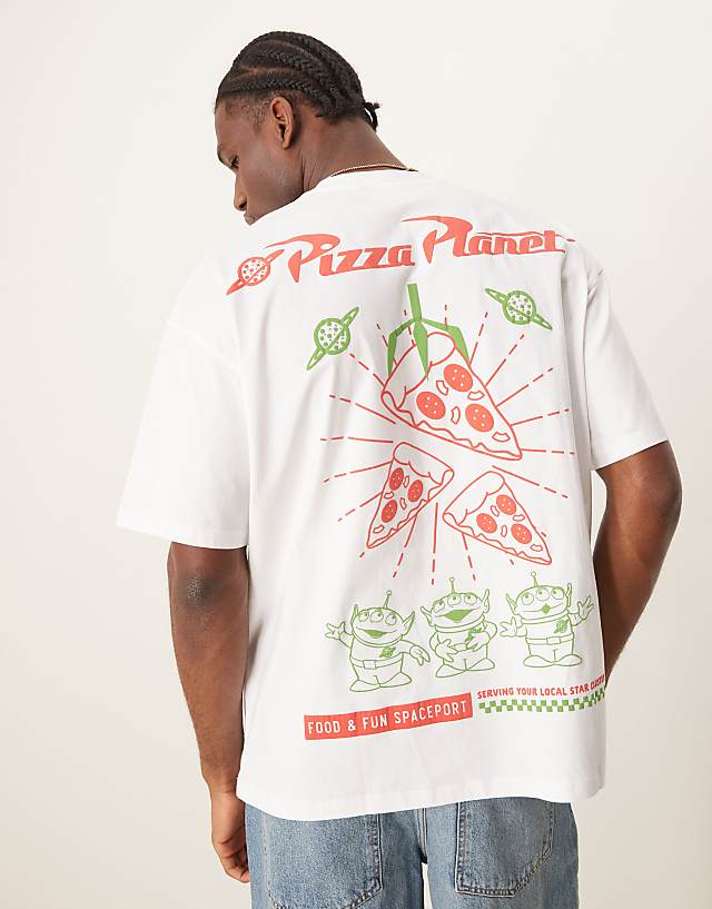 Asos ASOS DESIGN Disney Pixar Unisex Oversized T-shirt With Toy Story Pizza Planet Prints In White