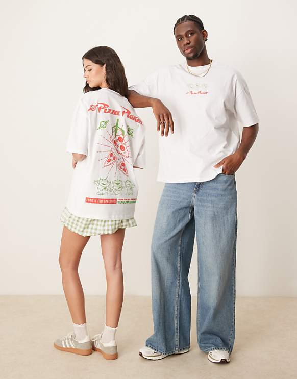 asos ASOS DESIGN Disney Pixar unisex oversized t-shirt with Toy Story Pizza Planet prints in white